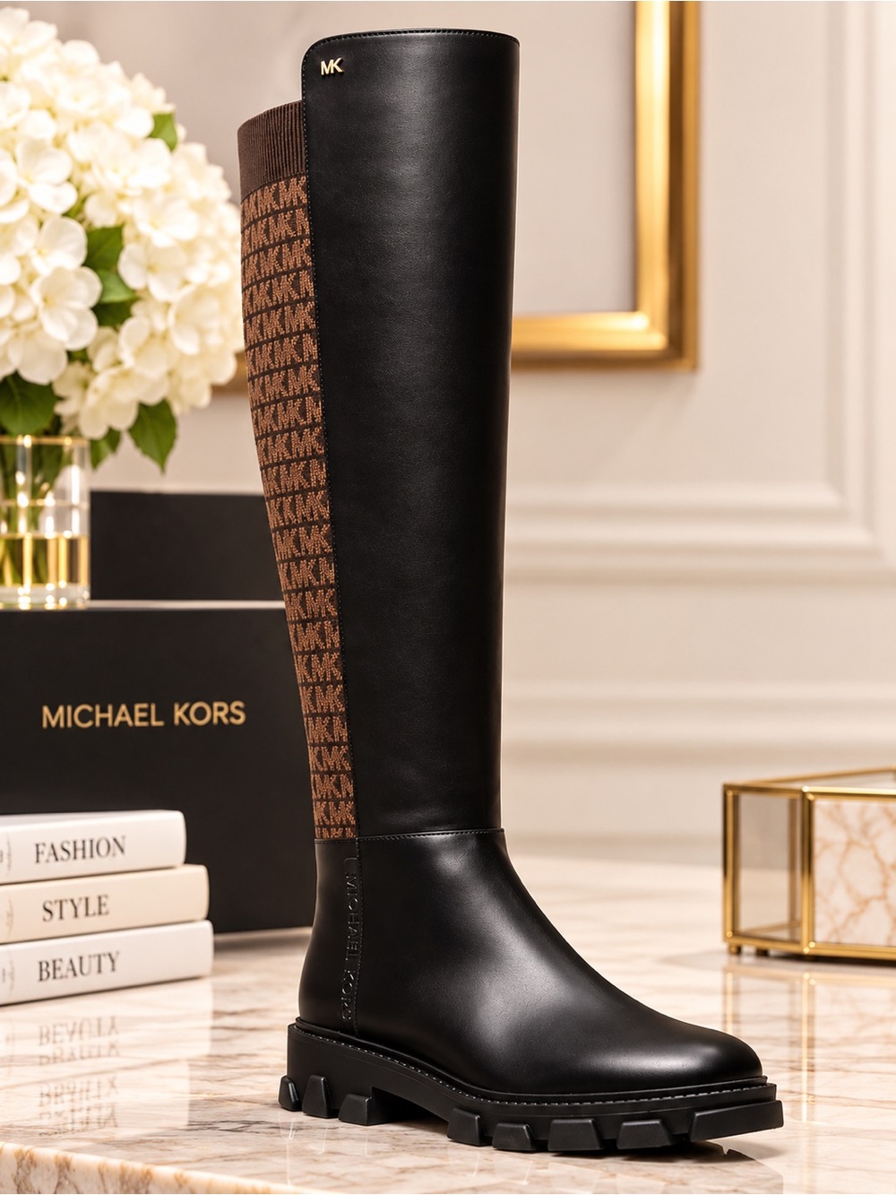 NEW Michael Kors Ridley Logo Stretch Knit Boots – Size 7.5